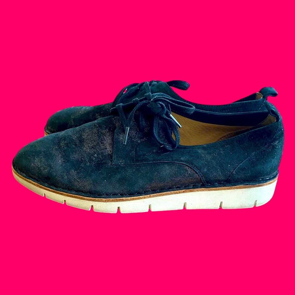 Trask Black & Brass Iridescent Suede Sneakers / USW 7 / Whitewall Foam Soles